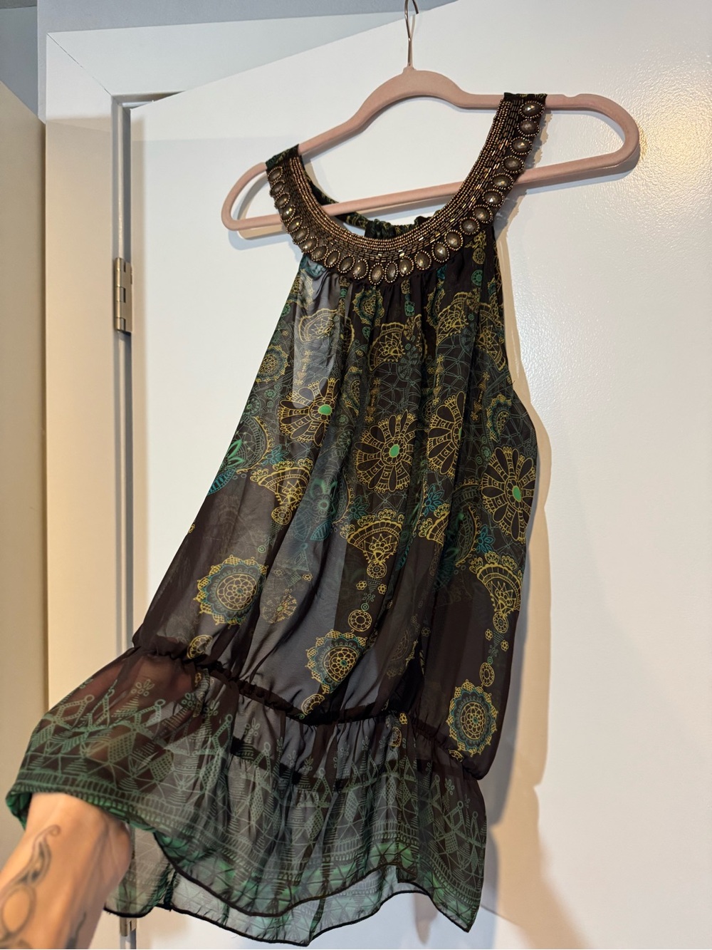 Vintage Y2K XXI Beaded Halter Top Paisley Bohemian Sheer Blouse Size S